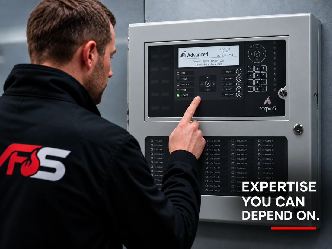 VFS engineer working on an Advanced fire alarm panel